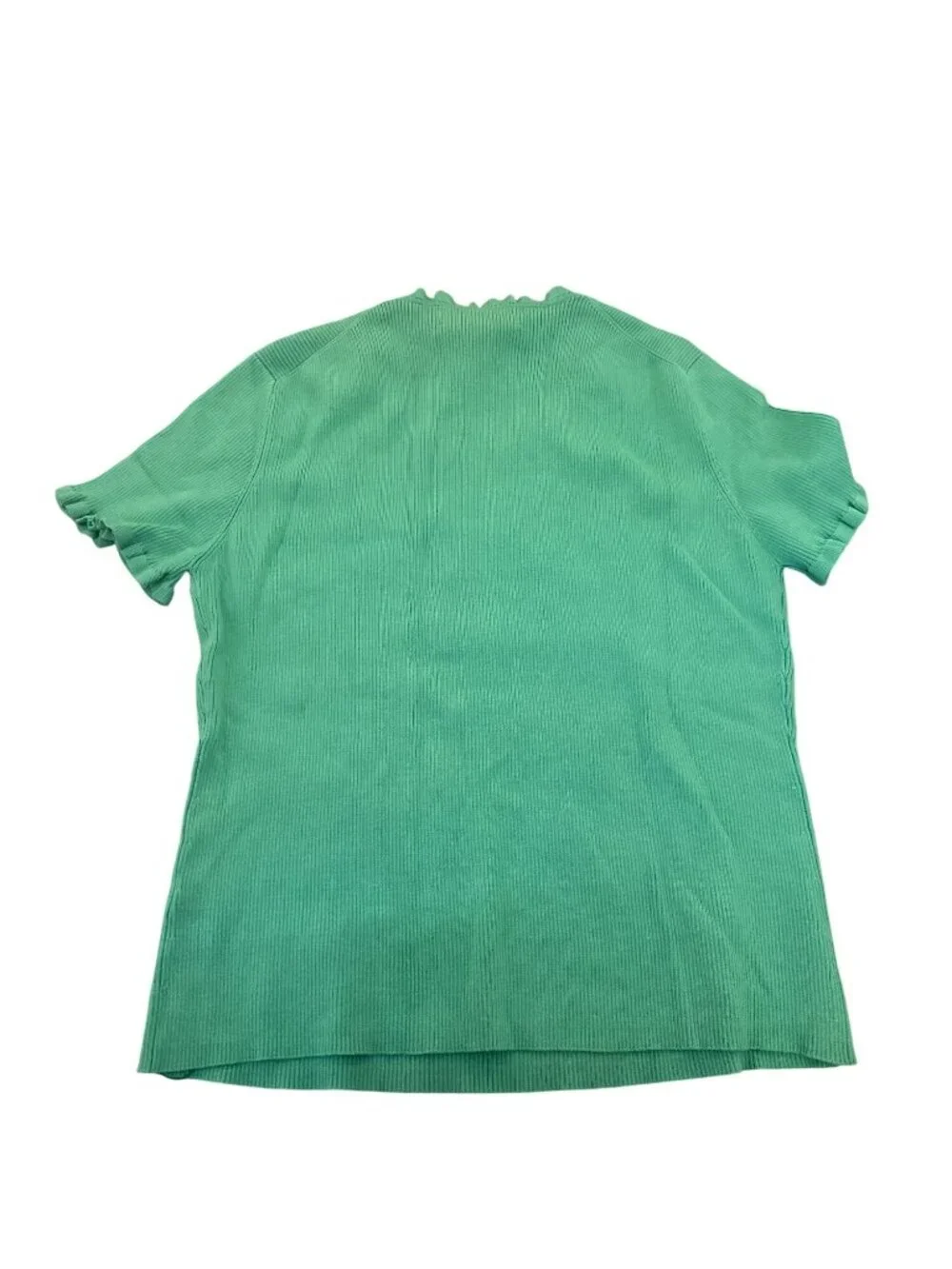 Jones New York Top Shirt L Green Ribbed Short Sleeve Silk Blend Ruffle Sleeve